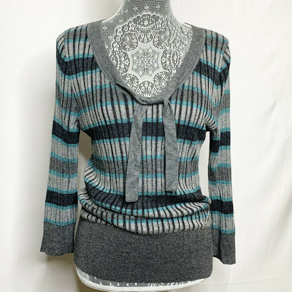 DKNY Sweater Women L Blue Gray Striped Knit V Neck